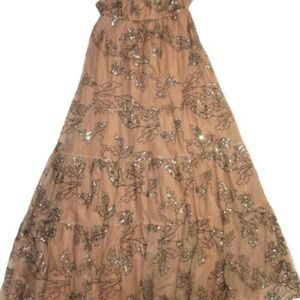Anthropologie Sequin Embellished Maxi Dress in Beige and Silver